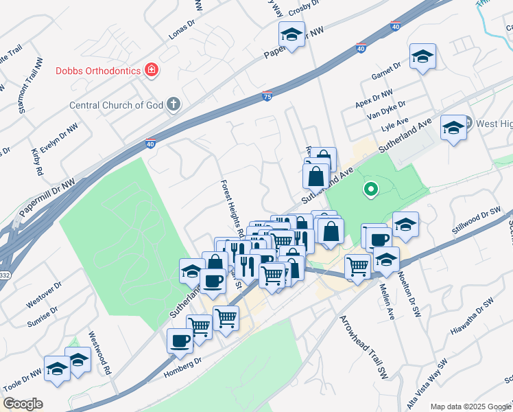 map of restaurants, bars, coffee shops, grocery stores, and more near 509 Forest Hills Boulevard in Knoxville