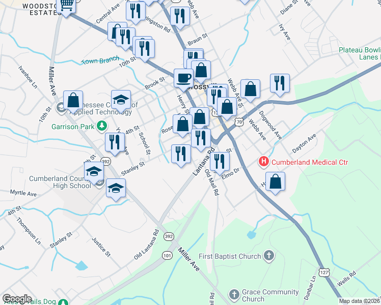 map of restaurants, bars, coffee shops, grocery stores, and more near 65 Brown Avenue in Crossville