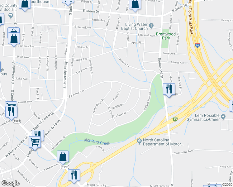 map of restaurants, bars, coffee shops, grocery stores, and more near 415 Burge Place in High Point