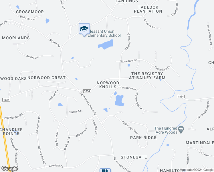 map of restaurants, bars, coffee shops, grocery stores, and more near 5900 Norwood Knolls Way in Raleigh
