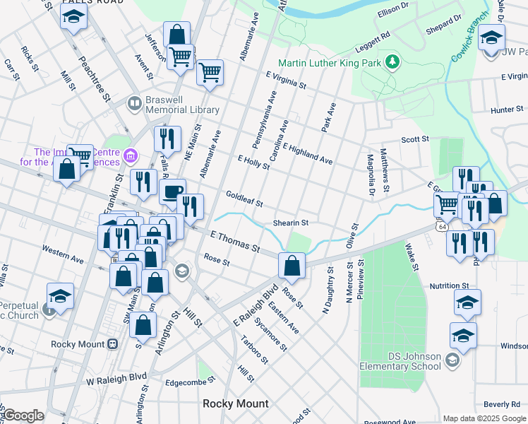 map of restaurants, bars, coffee shops, grocery stores, and more near 511 Goldleaf St in Rocky Mt