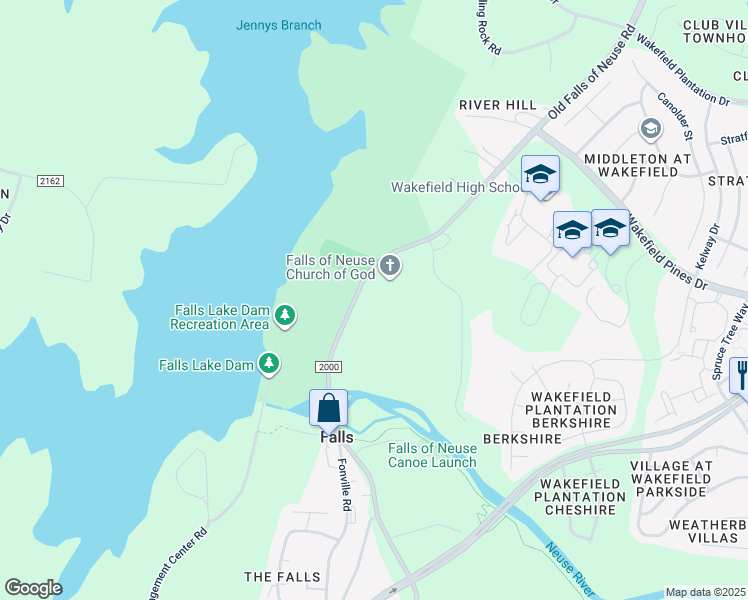 map of restaurants, bars, coffee shops, grocery stores, and more near 12148 Old Falls of Neuse Road in Wake Forest