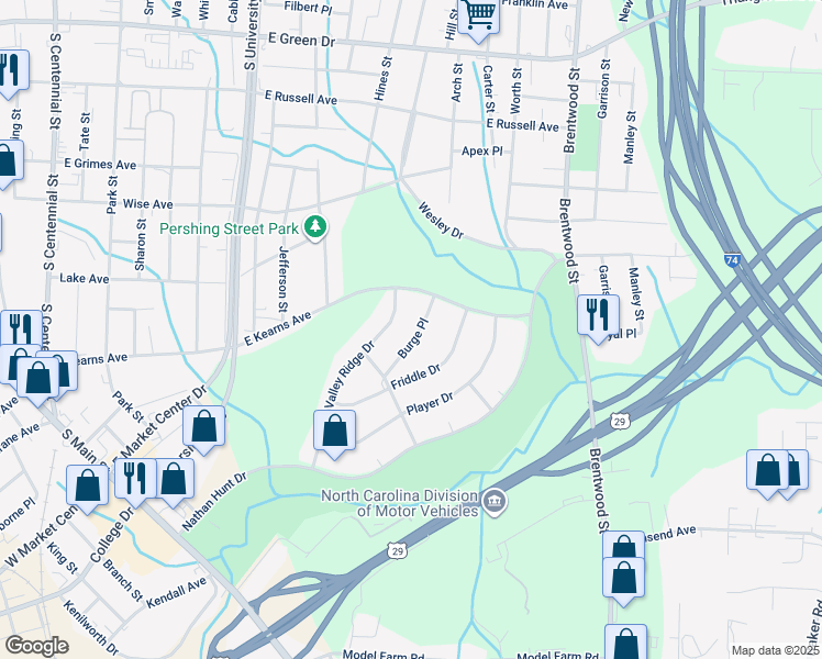 map of restaurants, bars, coffee shops, grocery stores, and more near 415 Burge Place in High Point