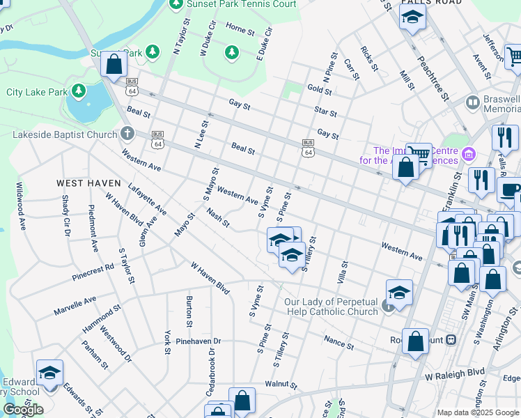 map of restaurants, bars, coffee shops, grocery stores, and more near 1003 Western Avenue in Rocky Mount