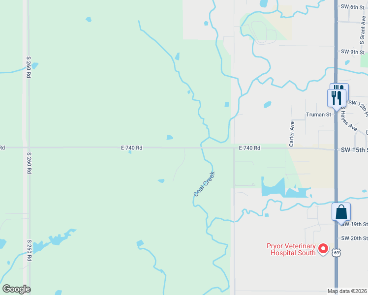 map of restaurants, bars, coffee shops, grocery stores, and more near East 740 Road in Wagoner