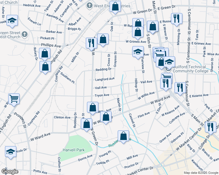 map of restaurants, bars, coffee shops, grocery stores, and more near 800 George Place in High Point