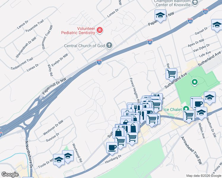 map of restaurants, bars, coffee shops, grocery stores, and more near 4175 Ridgeway Lane Northwest in Knoxville