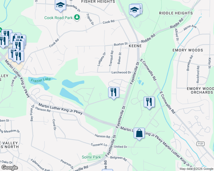 map of restaurants, bars, coffee shops, grocery stores, and more near 4302 Fayetteville Road in Durham