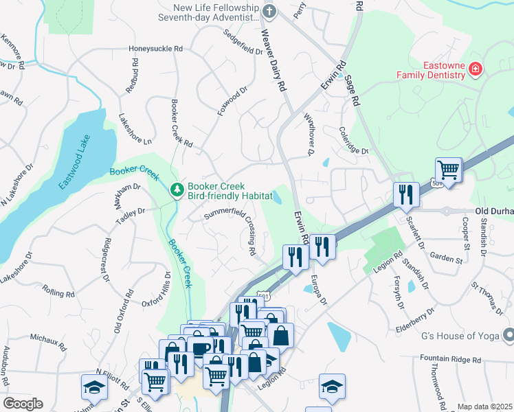 map of restaurants, bars, coffee shops, grocery stores, and more near 120 Berry Patch Lane in Chapel Hill