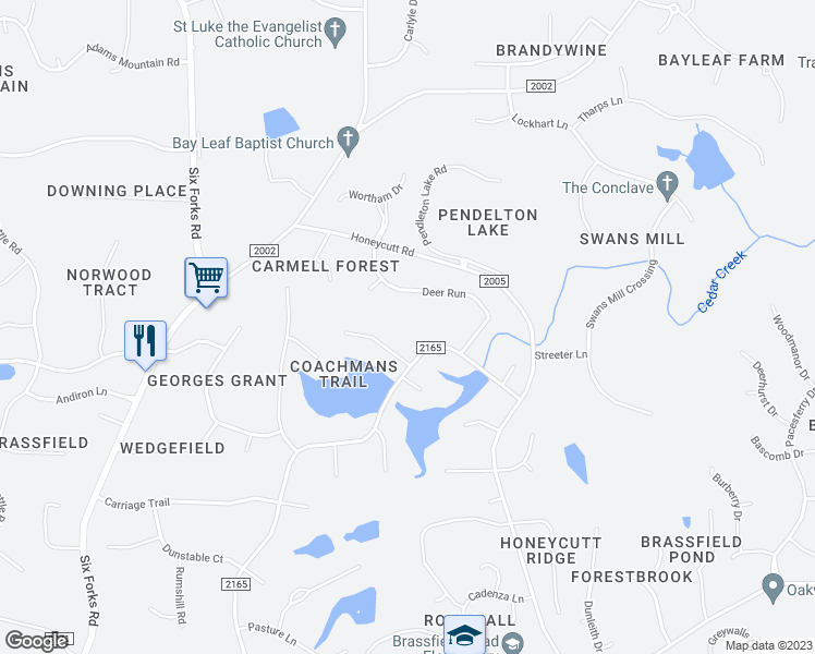 map of restaurants, bars, coffee shops, grocery stores, and more near 11805 Coachmans Way in Raleigh