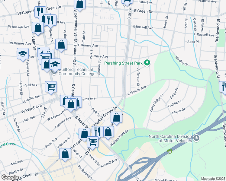 map of restaurants, bars, coffee shops, grocery stores, and more near 1208 Asheboro Street in High Point
