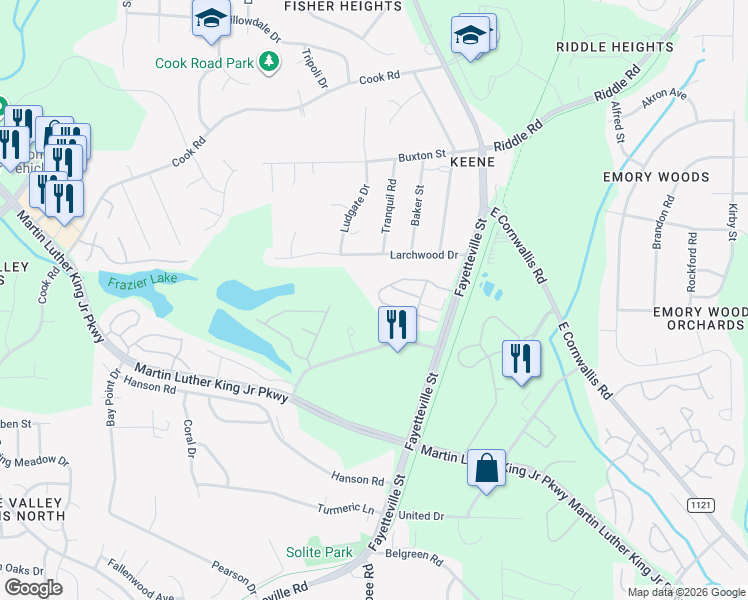 map of restaurants, bars, coffee shops, grocery stores, and more near 4302 Fayetteville Road in Durham