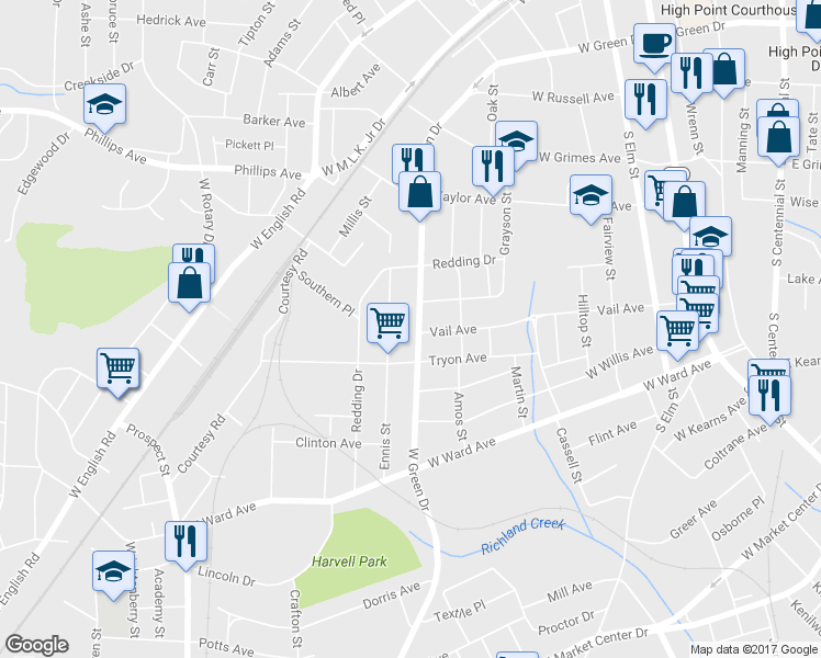 map of restaurants, bars, coffee shops, grocery stores, and more near 1012 W Green Dr in High Point