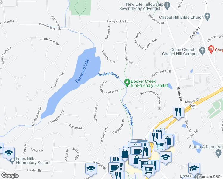 map of restaurants, bars, coffee shops, grocery stores, and more near 2109 Tadley Drive in Chapel Hill