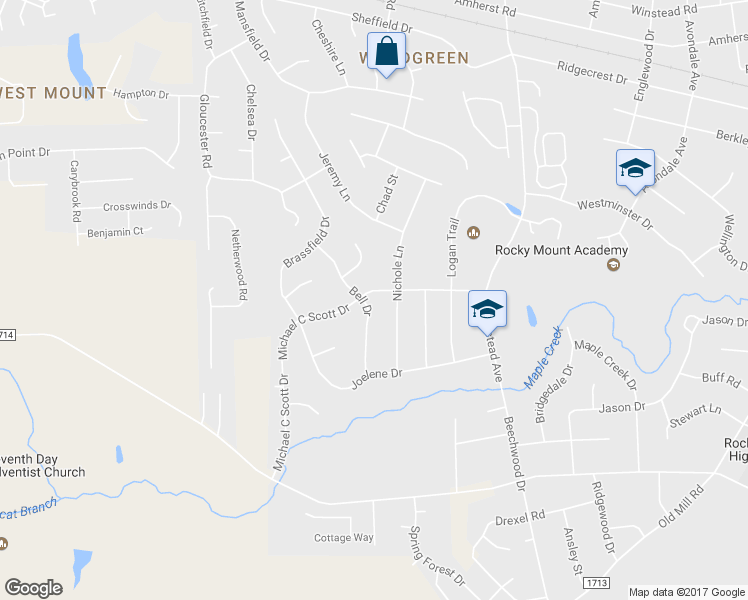 map of restaurants, bars, coffee shops, grocery stores, and more near 801 Bell Drive in Rocky Mount