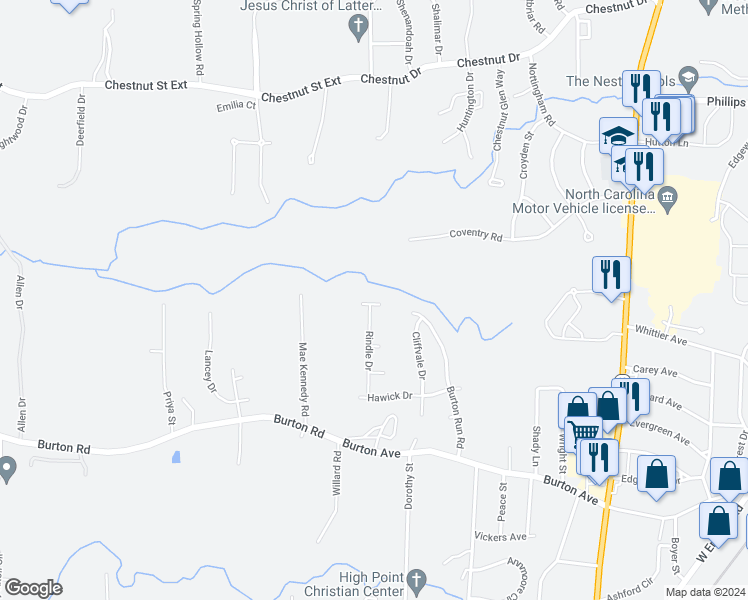 map of restaurants, bars, coffee shops, grocery stores, and more near 1258 Brownsfield Court in High Point