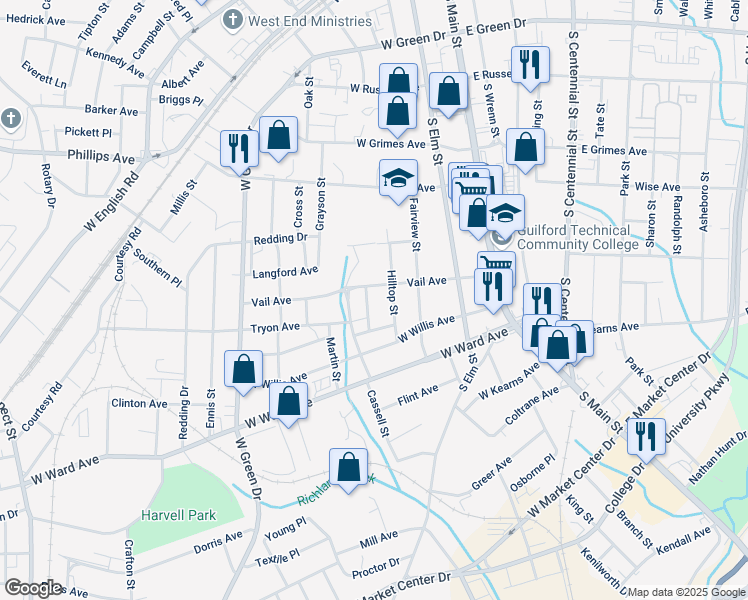 map of restaurants, bars, coffee shops, grocery stores, and more near 807 Mobile St in High Point