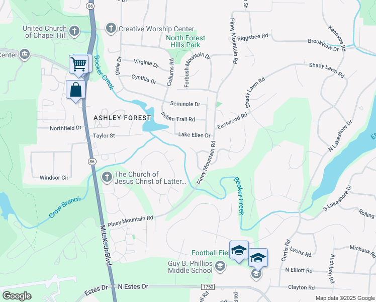 map of restaurants, bars, coffee shops, grocery stores, and more near 121 Priestly Creek Drive in Chapel Hill