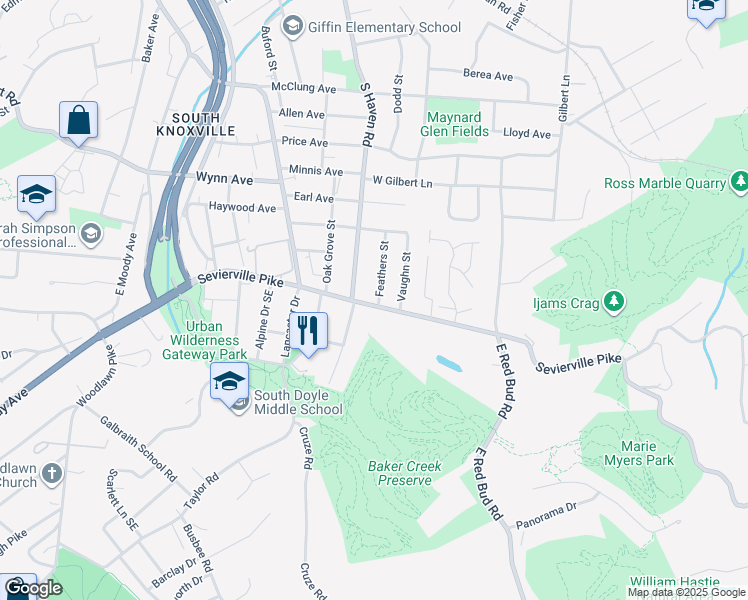 map of restaurants, bars, coffee shops, grocery stores, and more near 3539 Feathers Street in Knoxville