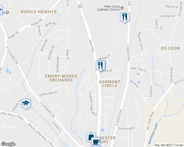 map of restaurants, bars, coffee shops, grocery stores, and more near 3119 Courtney Creek Boulevard in Durham