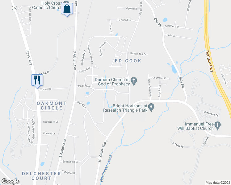 map of restaurants, bars, coffee shops, grocery stores, and more near 2304 Pear Tree Lane in Durham