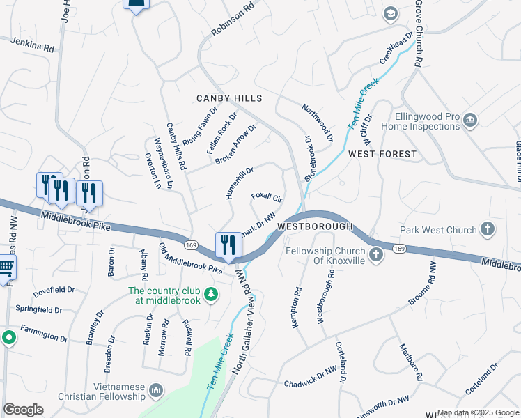 map of restaurants, bars, coffee shops, grocery stores, and more near 8233 Landmark Drive Northwest in Knoxville