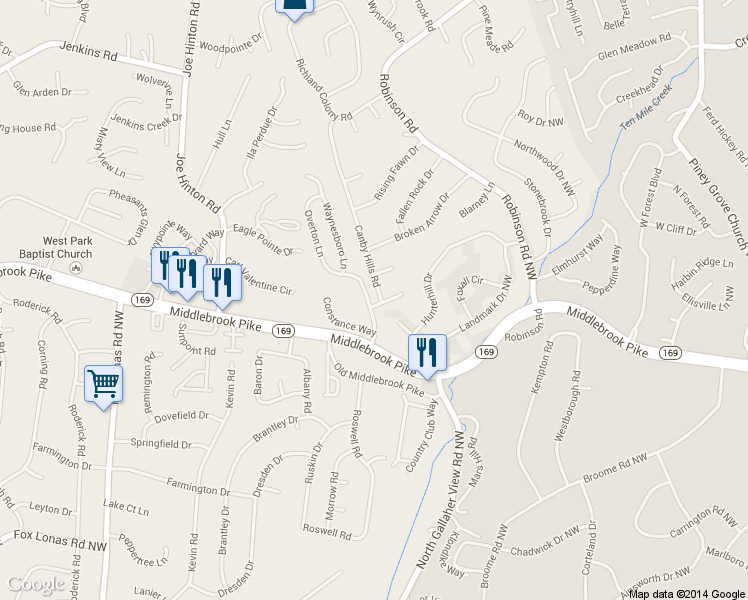 map of restaurants, bars, coffee shops, grocery stores, and more near 1801 Canby Hills Road in Knoxville