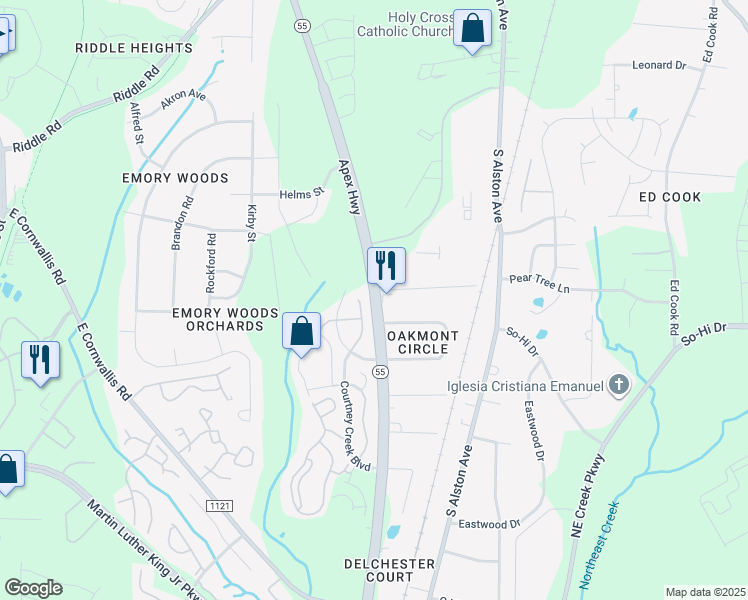 map of restaurants, bars, coffee shops, grocery stores, and more near 2624 Apex Highway in Durham