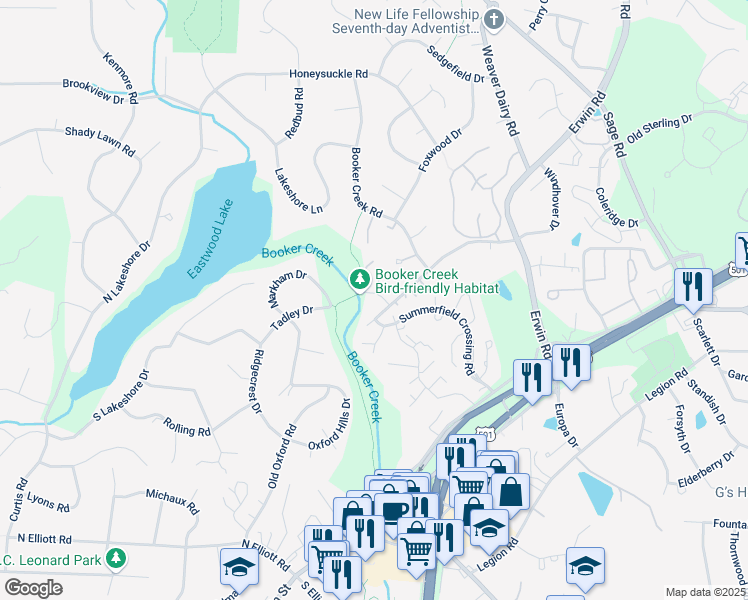 map of restaurants, bars, coffee shops, grocery stores, and more near 2210 Daley Road in Chapel Hill