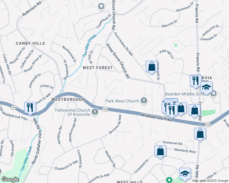 map of restaurants, bars, coffee shops, grocery stores, and more near 1112 Webster Grove Lane Northwest in Knoxville