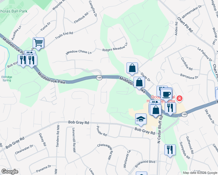 map of restaurants, bars, coffee shops, grocery stores, and more near 1100 Durham Rd in Knoxville