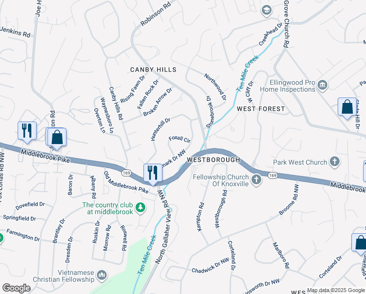 map of restaurants, bars, coffee shops, grocery stores, and more near 8233 Landmark Drive Northwest in Knoxville