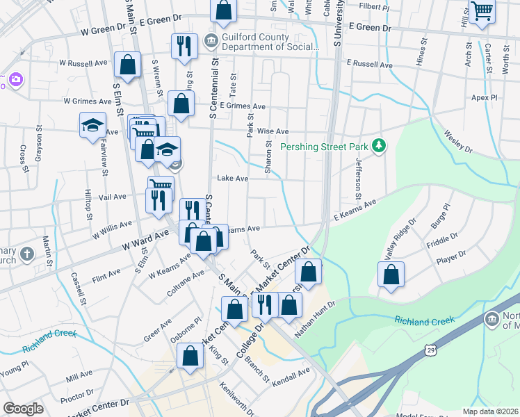 map of restaurants, bars, coffee shops, grocery stores, and more near 1306 Bencini Place in High Point