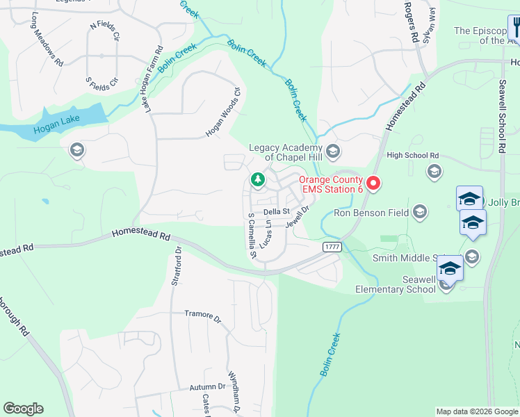 map of restaurants, bars, coffee shops, grocery stores, and more near 113 Della Street in Chapel Hill