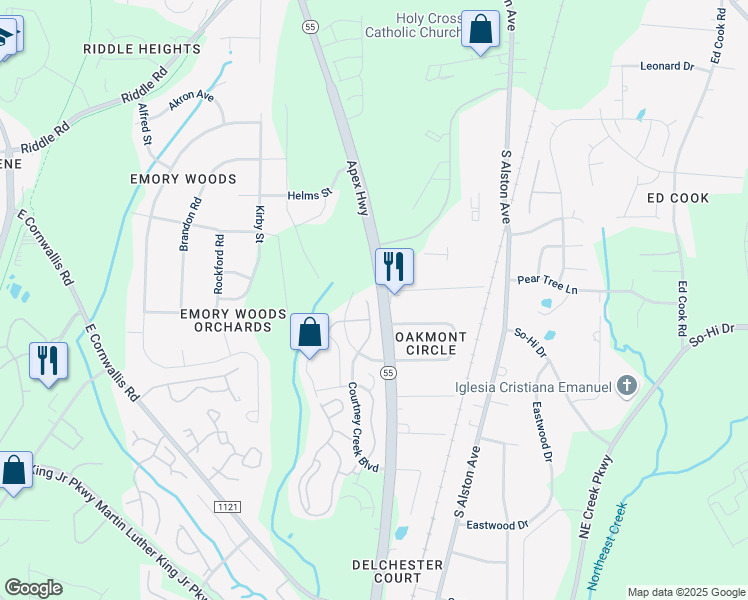 map of restaurants, bars, coffee shops, grocery stores, and more near 3116 Courtney Creek Boulevard in Durham