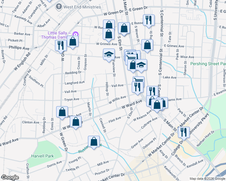 map of restaurants, bars, coffee shops, grocery stores, and more near 814 Fairview Street in High Point