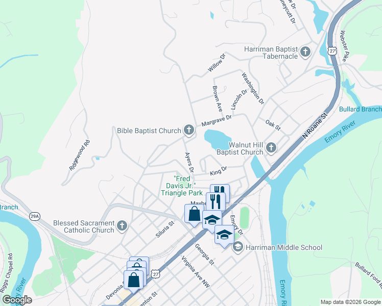 map of restaurants, bars, coffee shops, grocery stores, and more near 330 Ayers Drive in Harriman