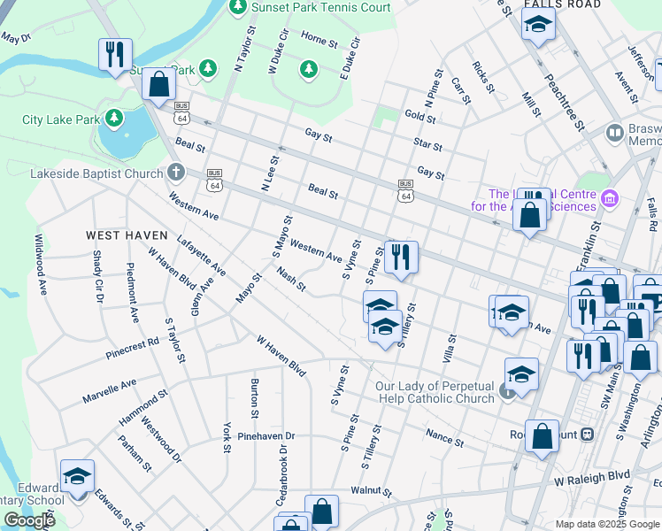 map of restaurants, bars, coffee shops, grocery stores, and more near 1003 Western Avenue in Rocky Mount