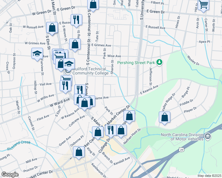 map of restaurants, bars, coffee shops, grocery stores, and more near 1309 Bencini Place in High Point