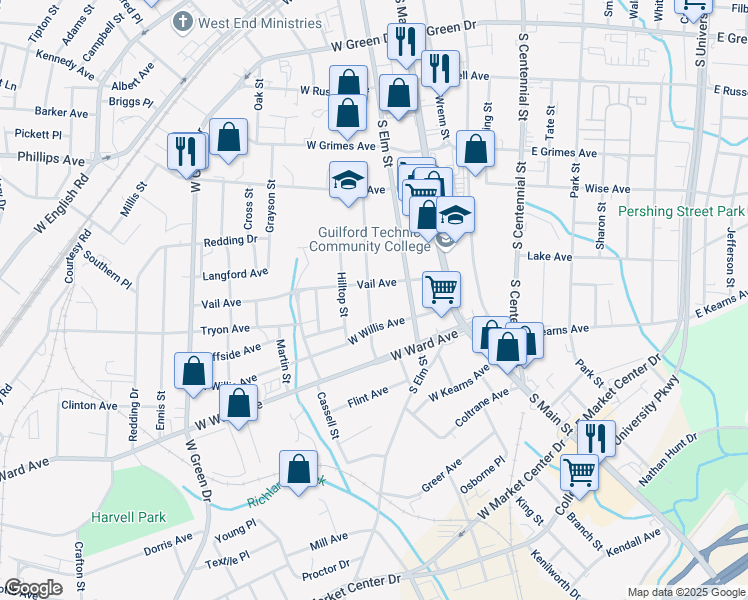 map of restaurants, bars, coffee shops, grocery stores, and more near 815 Fairview Street in High Point