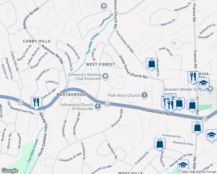 map of restaurants, bars, coffee shops, grocery stores, and more near 932 West Forest Boulevard in Knoxville