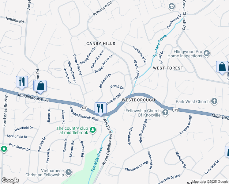 map of restaurants, bars, coffee shops, grocery stores, and more near 8233 Landmark Drive Northwest in Knoxville