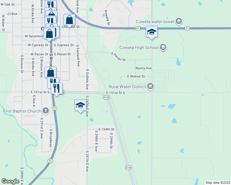 map of restaurants, bars, coffee shops, grocery stores, and more near 30092 East 151st Street South in Coweta