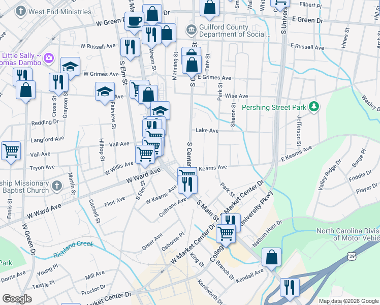 map of restaurants, bars, coffee shops, grocery stores, and more near 815 South Centennial Street in High Point