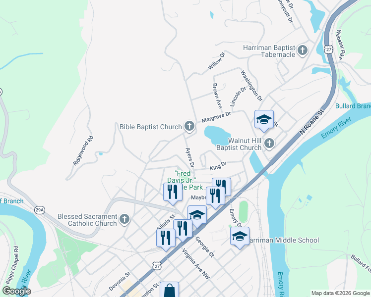 map of restaurants, bars, coffee shops, grocery stores, and more near 330 Ayers Drive in Harriman