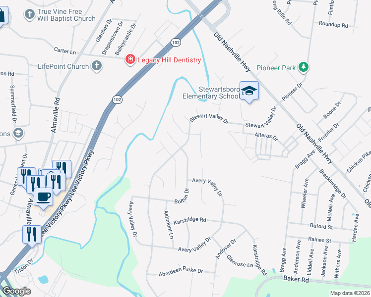 map of restaurants, bars, coffee shops, grocery stores, and more near 1318 Bolton Drive in Smyrna