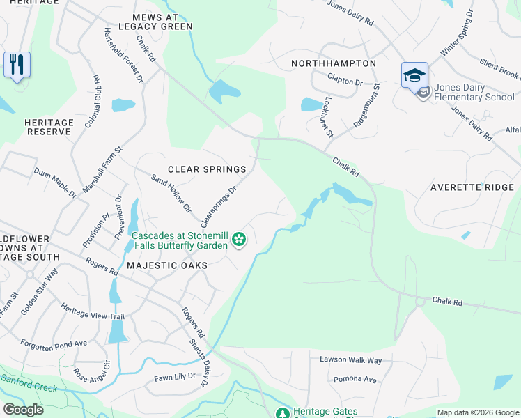 map of restaurants, bars, coffee shops, grocery stores, and more near 1529 Stonemill Falls Drive in Wake Forest