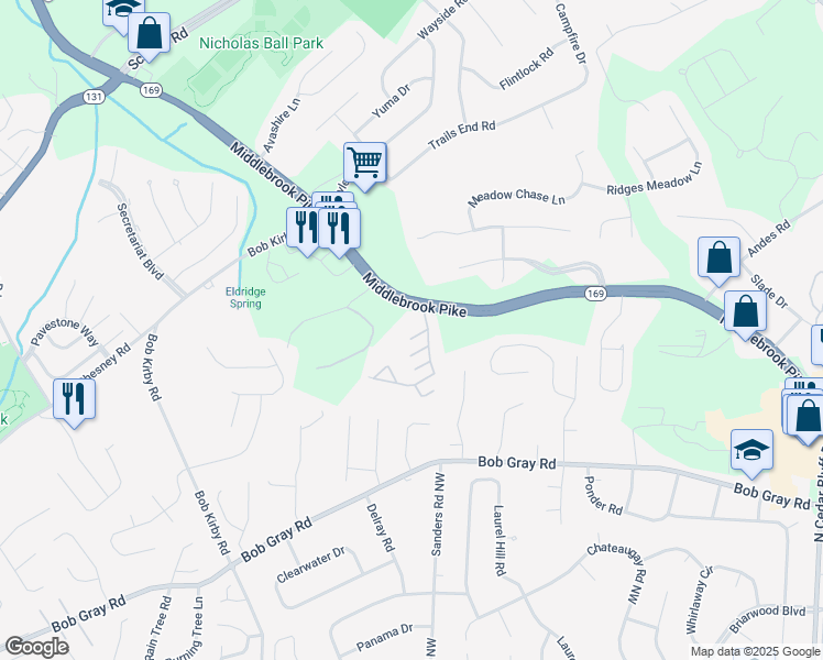 map of restaurants, bars, coffee shops, grocery stores, and more near 9601 Harmony Grove Way in Knoxville
