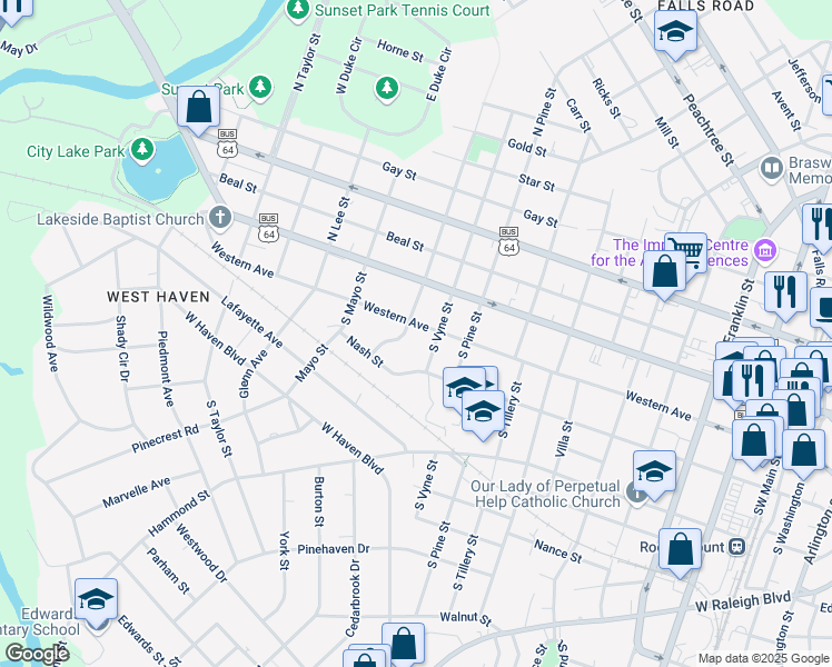 map of restaurants, bars, coffee shops, grocery stores, and more near 1003 Western Avenue in Rocky Mount