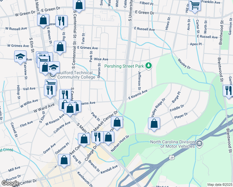 map of restaurants, bars, coffee shops, grocery stores, and more near 1207 Asheboro Street in High Point